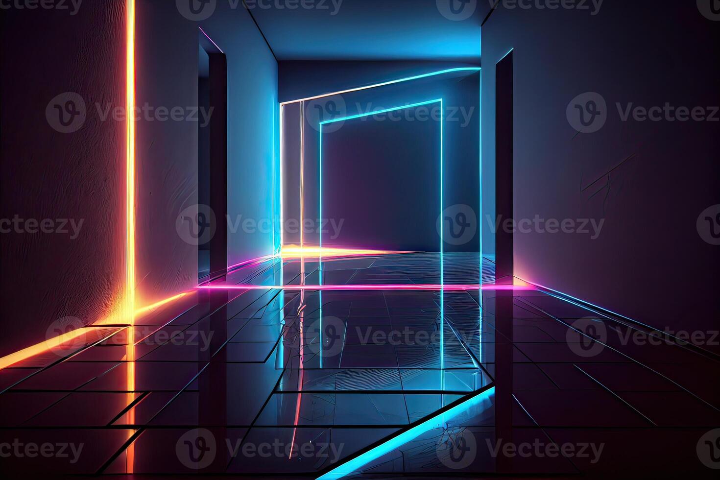 illustration of an abstract dark neon geometric background, set inside a dark and empty room with glowing laser lines on the walls, a wet concrete floor, with neon light reflections photo