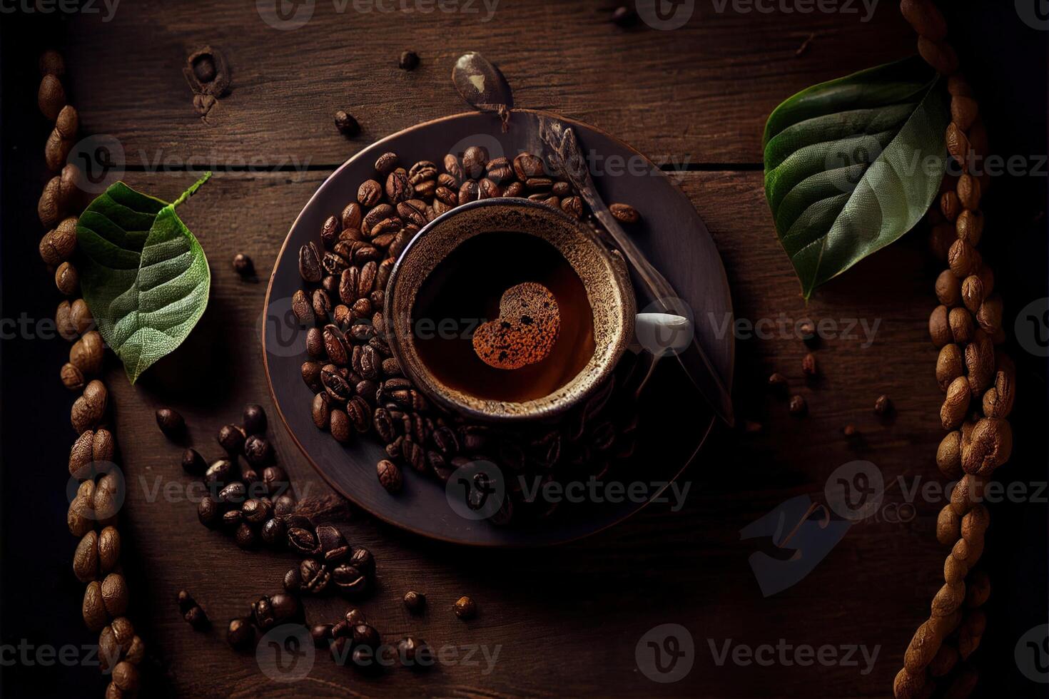 illustration of Cup of coffee and coffee beans on old wooden table and the plantations tea hill background photo