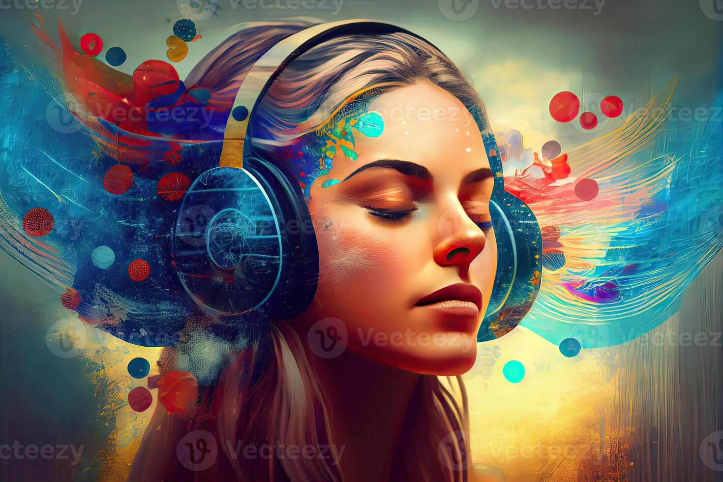 illustration of woman in sound healing therapy and meditation and healing, uses aspects of music to improve health and well being, can help your meditation and relaxation at home photo