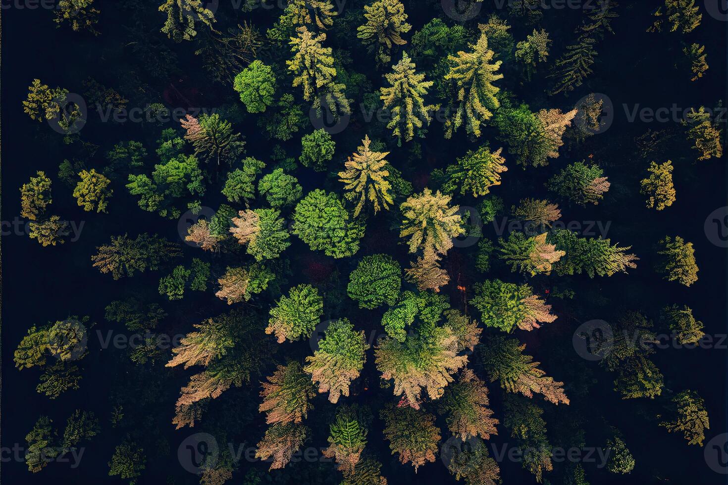 generativo ai ilustración de parte superior abajo ver de el bosque en primavera. primavera paisaje en el bosque foto