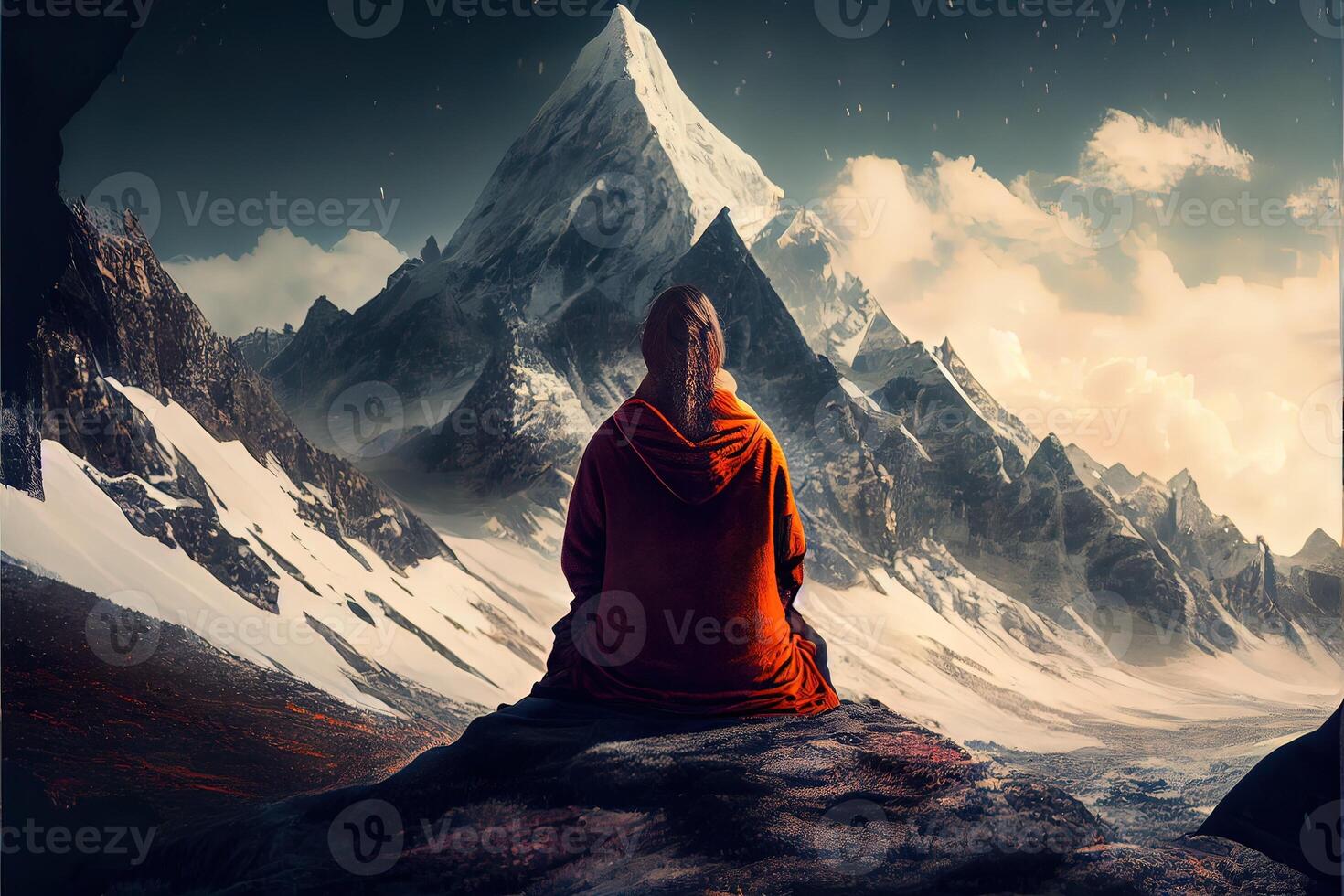illustration of woman meditating in the mountains photo