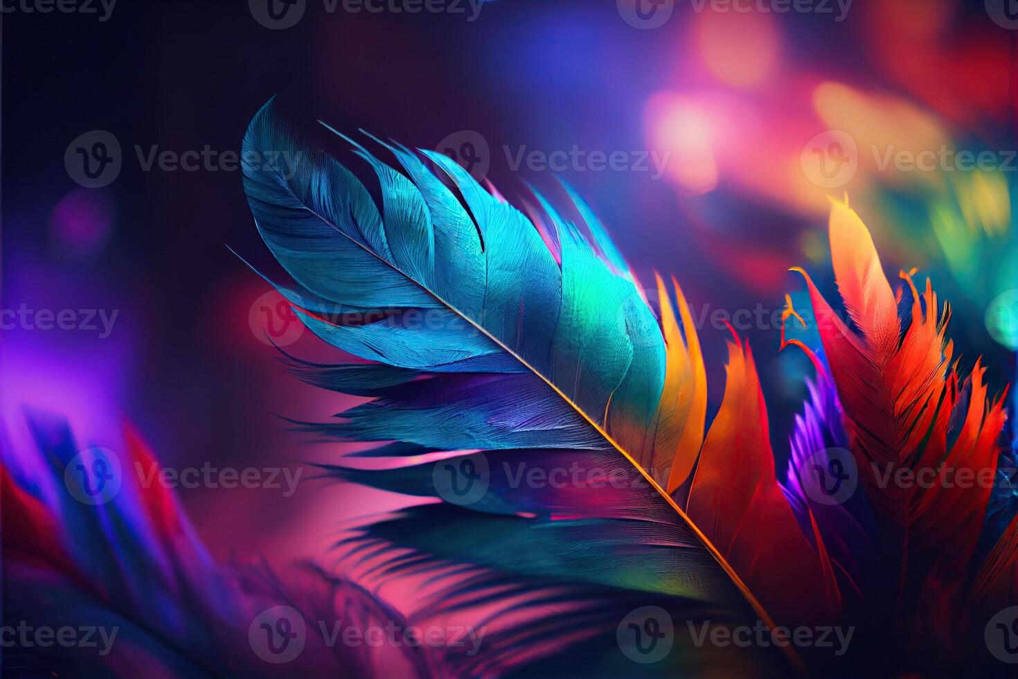 illustration of beautiful colorful background of firebird feathers. Abstract background, blurred bokeh, feather. photo