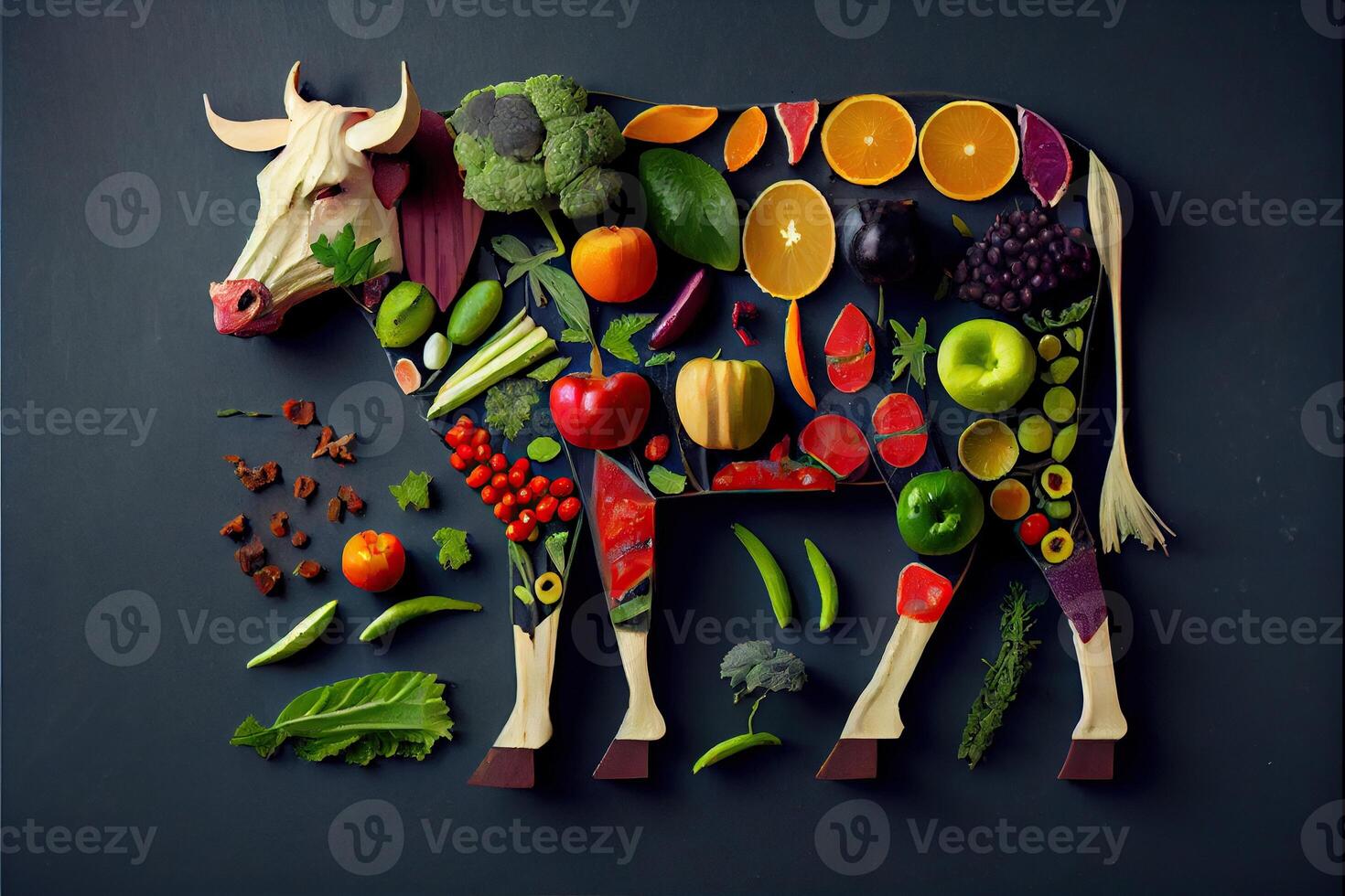 generativo ai ilustración de un vaca hecho de Fresco frutas y vegetales foto