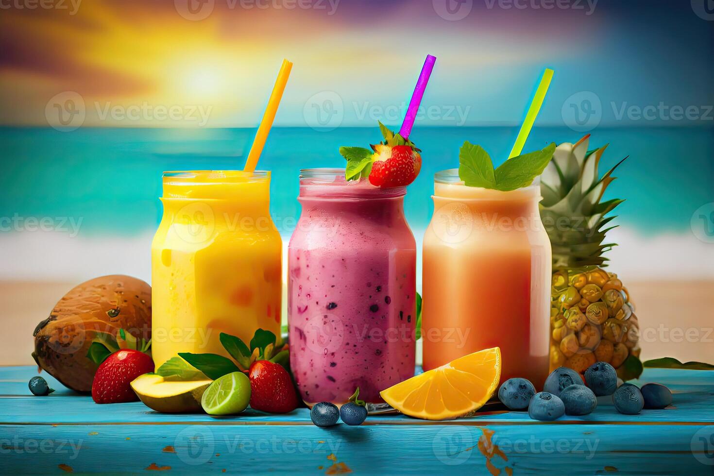 illustration of smoothies and juices made from a variety of fresh fruits from the tropics. Clean eating, a healthy diet, and vitamin infused beverages are concepts, blurred background photo