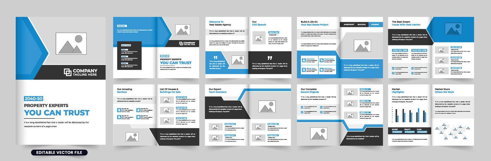 House sale promotional magazine template vector with blue and dark colors. Modern real estate agency portfolio booklet layout design with blue and dark colors. Home selling business brochure vector.