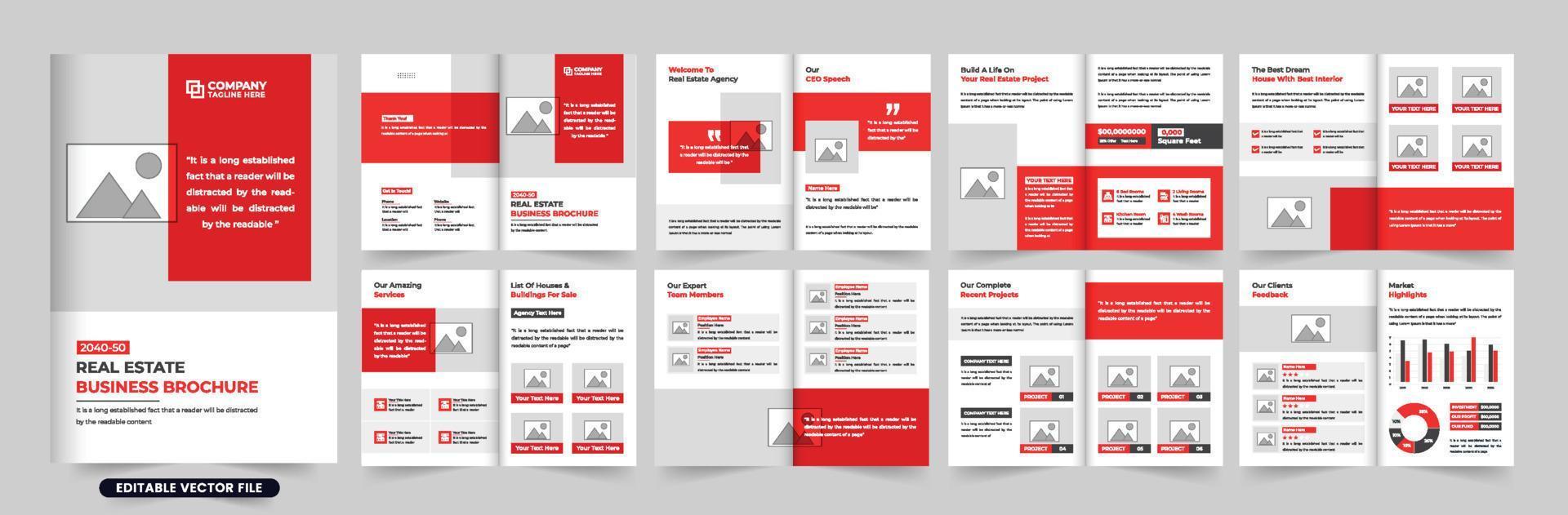 Creative home selling brochure template vector with red and dark colors. Real estate business magazine layout design with photo placeholders. House selling agency booklet design for marketing.