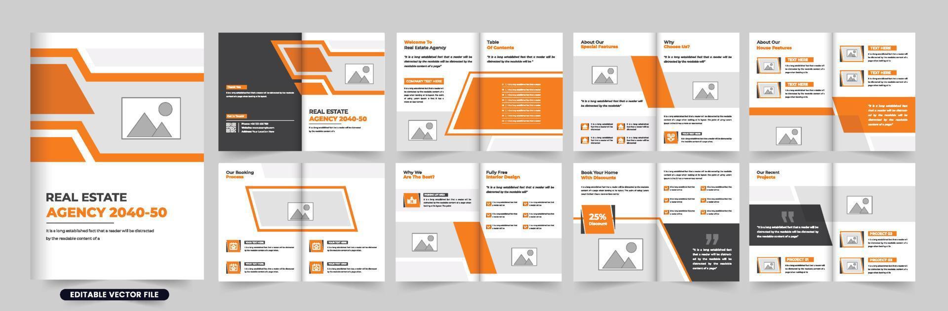 hogar rebaja negocio revista y portafolio diseño con naranja y oscuro colores. moderno real inmuebles agencia folleto modelo diseño con foto marcadores de posición creativo casa de venta empresa folleto vector. vector