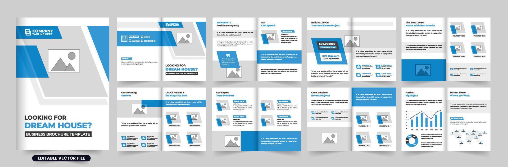 Modern home selling business promotional brochure template vector for marketing. Real estate agency portfolio and magazine layout design with photo placeholders. House sale business overview booklet.