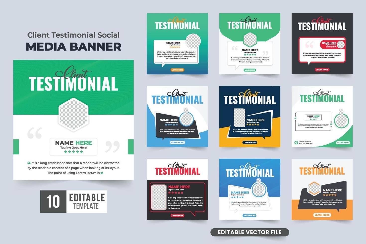 Customer service feedback testimonial social media banner set vector for business. Customer feedback testimonial bundle design. Client work review and testimonial collection with colorful background.