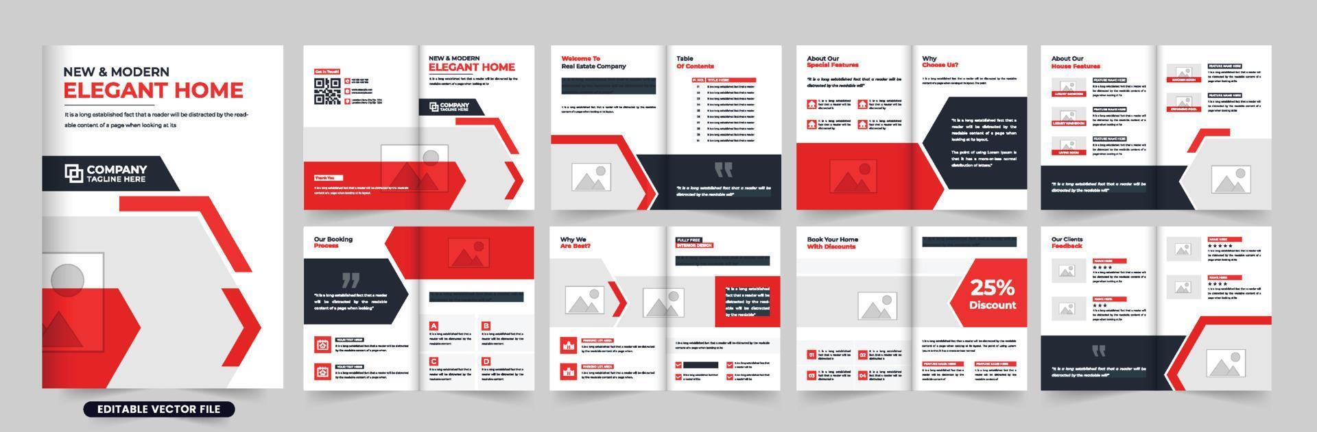 Real estate agency portfolio and profile layout vector with red and dark colors. Modern home-selling business magazine template design with photo placeholders. House sale promotional booklet vector.