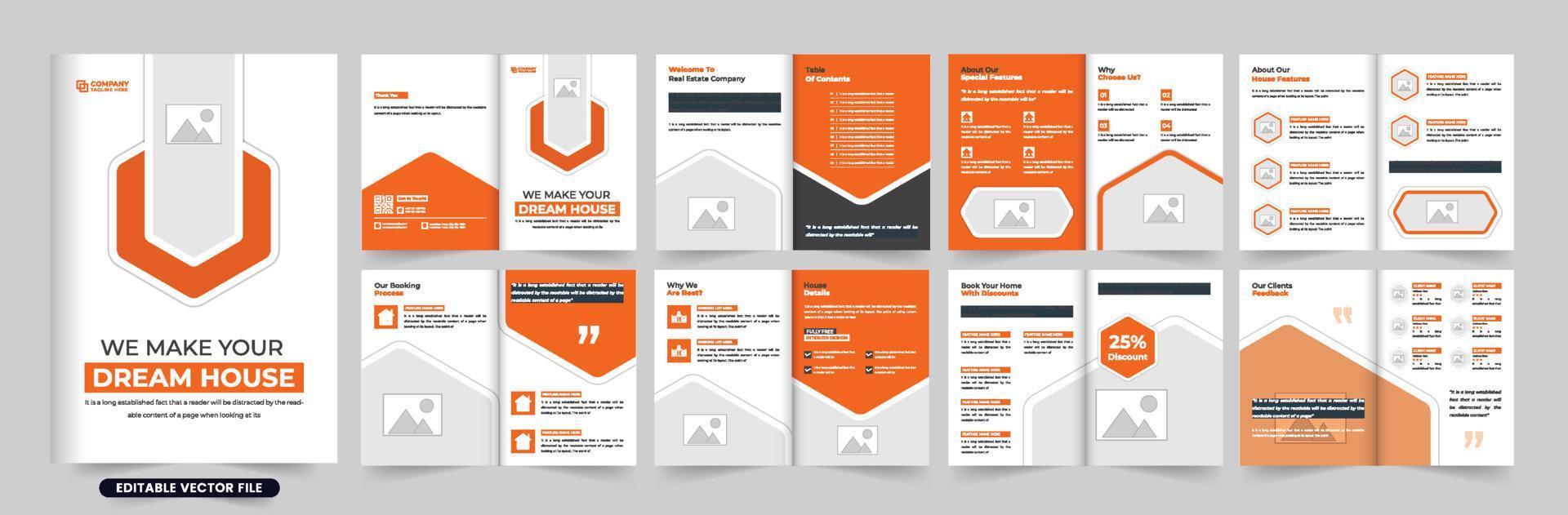 Real estate business promotional magazine and portfolio layout vector with photo placeholders. Modern home sale booklet and profile design with orange and dark colors. House sale brochure vector.