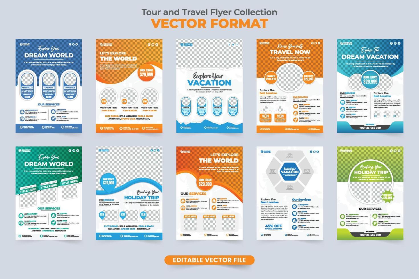 Tour and travel flyer template collection with orange, green, and blue colors. Modern touring business promotional leaflet and poster set vector. Travel agency advertisement flyer bundle vector. vector