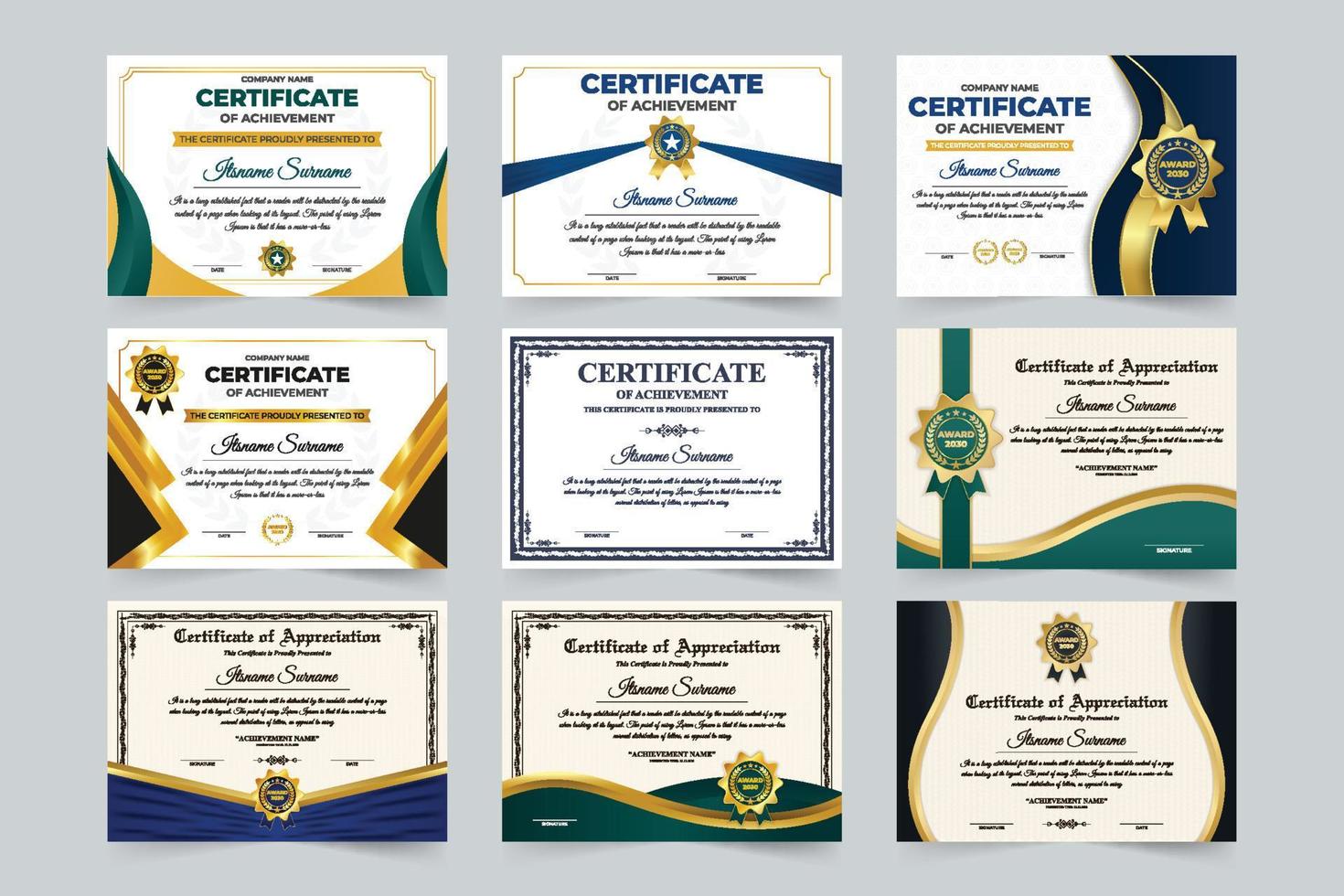 Achievement certificate and credential design collection for academic and official uses. Professional award certificate set vector with colorful border and shapes. Business appreciation paper bundle.