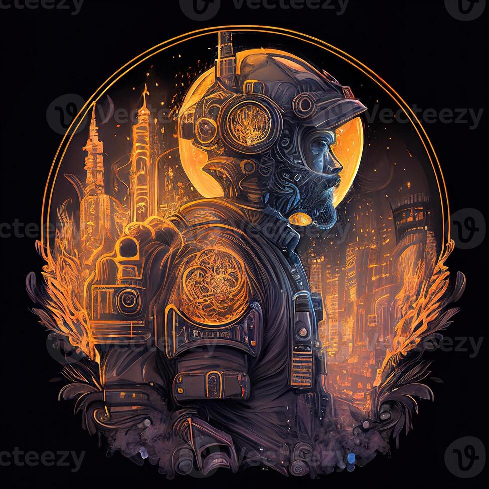 illustration of cyberpunk astronaut with a industrial smoke, mechanic detail on shoulders, pollution, centered inside intricate gold and fire circle of city and Skyscrapers photo