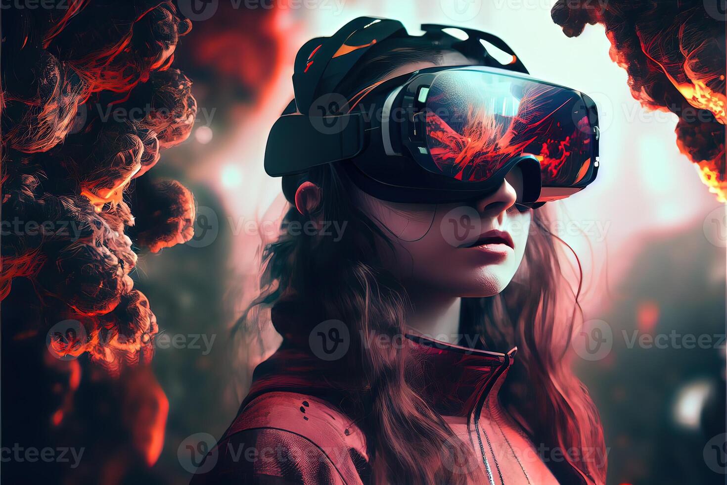 illustration of an enthusiastic young women wearing virtual reality goggles is inside the metaverse. Metaverse concept and virtual world elements. Neural network art photo