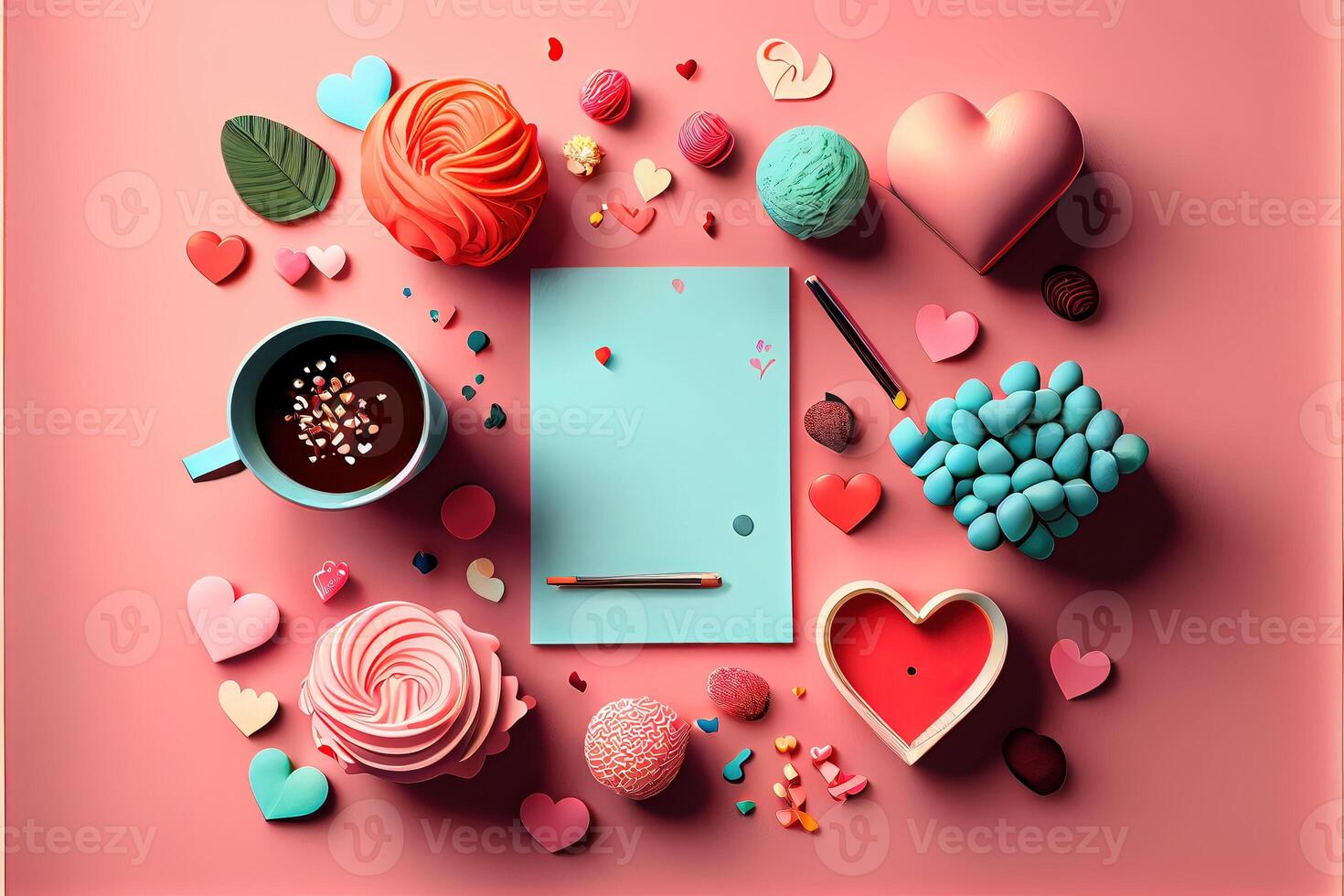 illustration of Valentine frame and banner. Red decoration. flat lay, romantic. Love and valentine day concept. Neural network generated art. Digitally generated image. photo