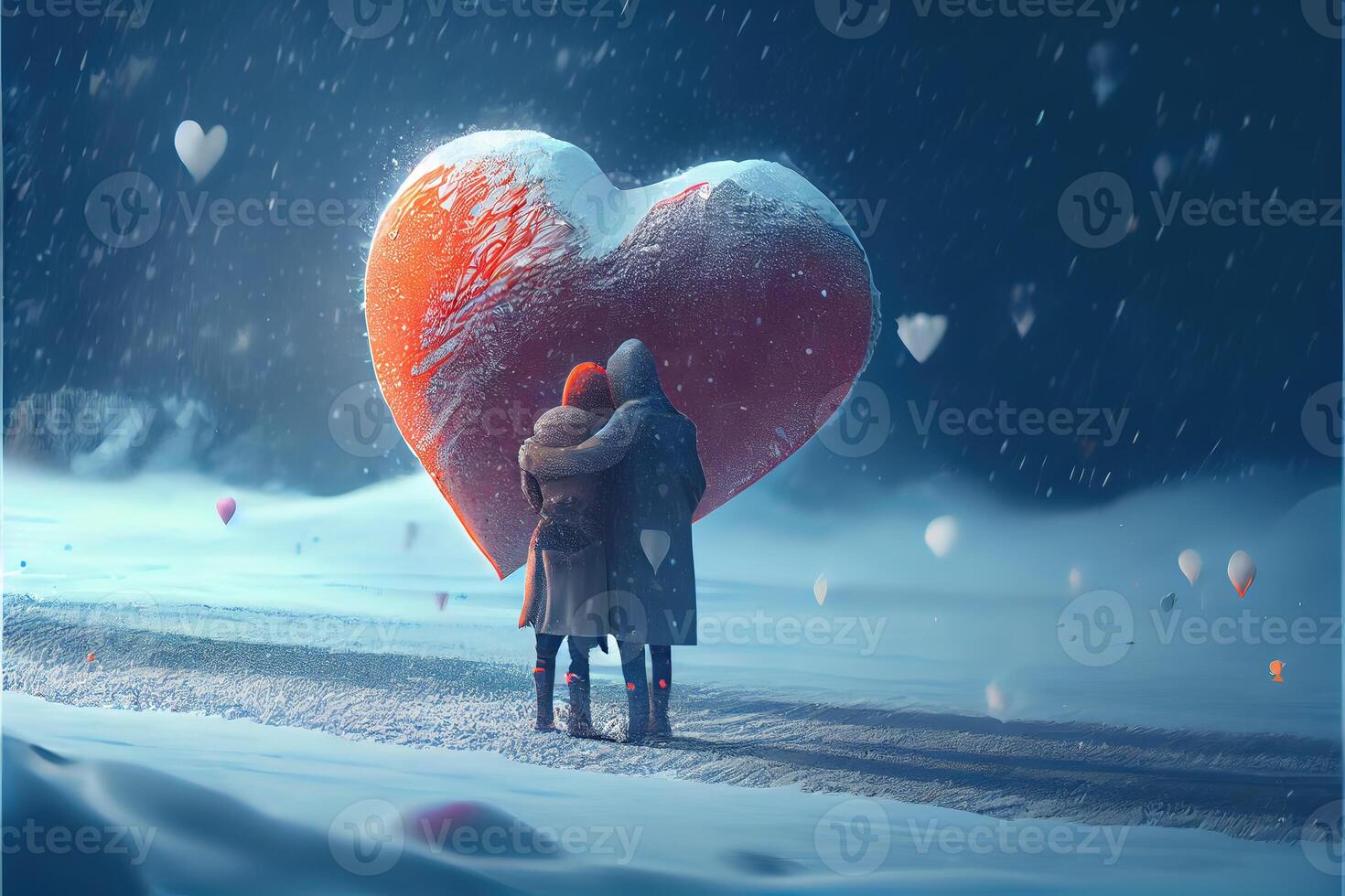 illustration of a blizzard of love. Couple kissing in snow. Big heart. Love and valentine day concept. Neural network generated art. Digitally generated image. photo