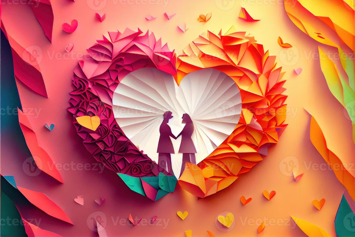 illustration of origami Valentine day background, happy couple, colorful. Paper cut craft, 3d paper style. Neural network generated art. Digitally generated image photo