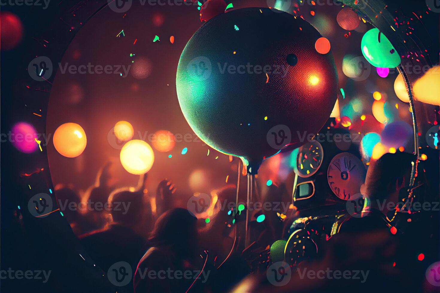 illustration of New Year's Eve party background, pop color, group of people dancing and joyful, countdown, neural network generated art. Digitally painting, generated image. photo