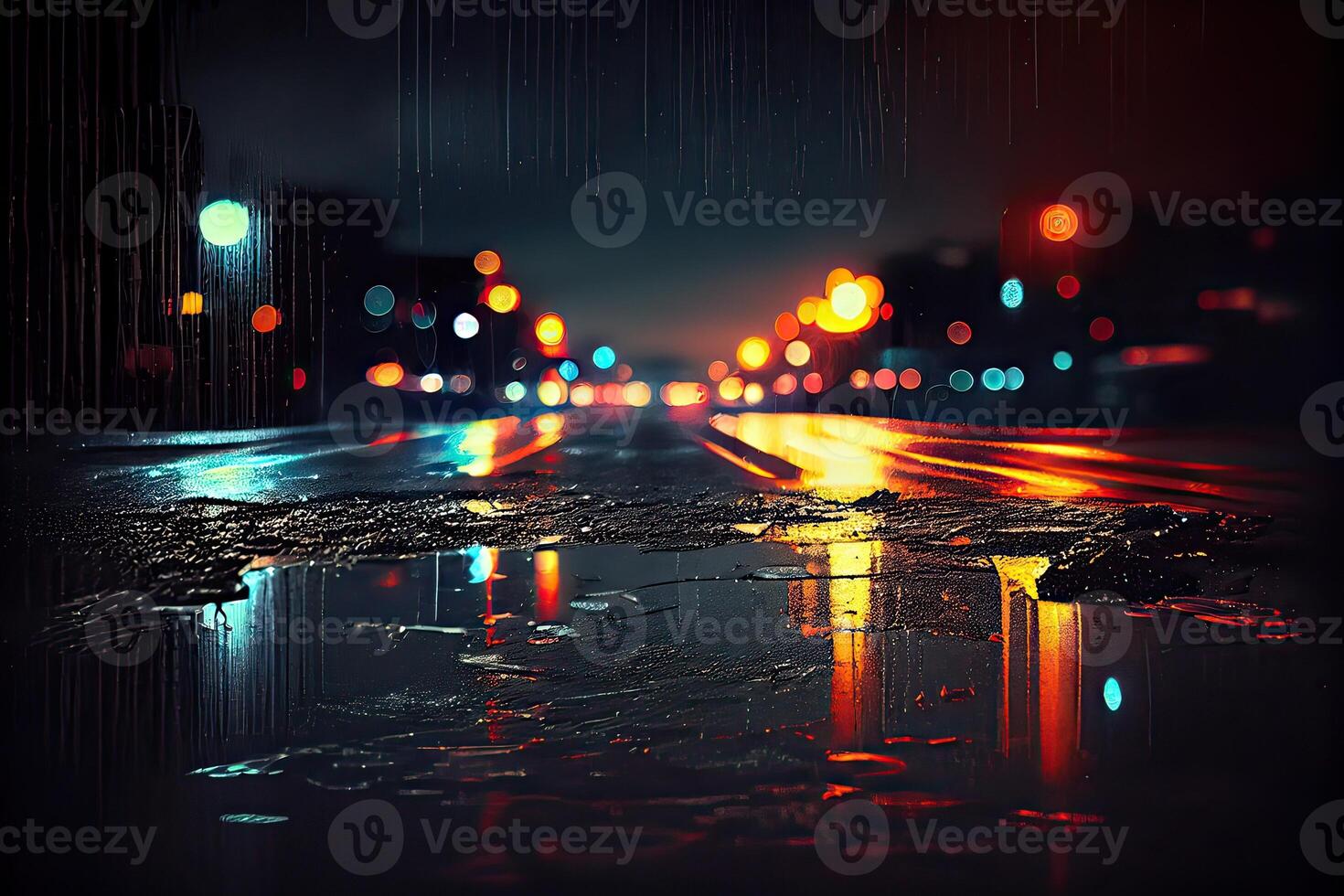 illustration of a light effect, blurred background. Wet asphalt, night view of the city, neon reflections on the concrete floor. Dark abstract background, dark empty street photo