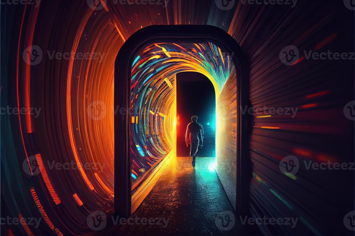 illustration of traveling through the door of the future with the speed of light photo