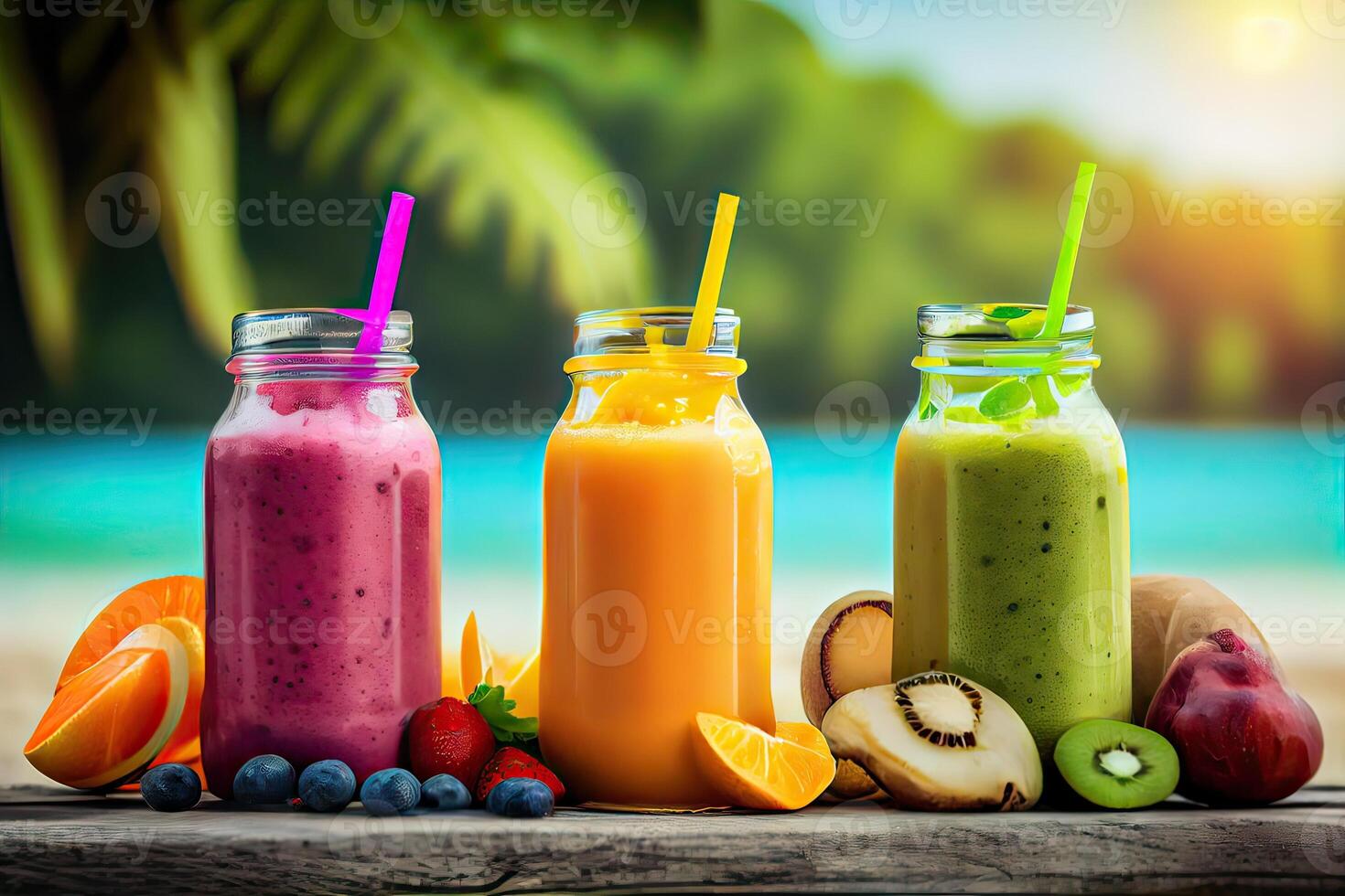 illustration of smoothies and juices made from a variety of fresh fruits from the tropics. Clean eating, a healthy diet, and vitamin infused beverages are concepts, blurred background photo