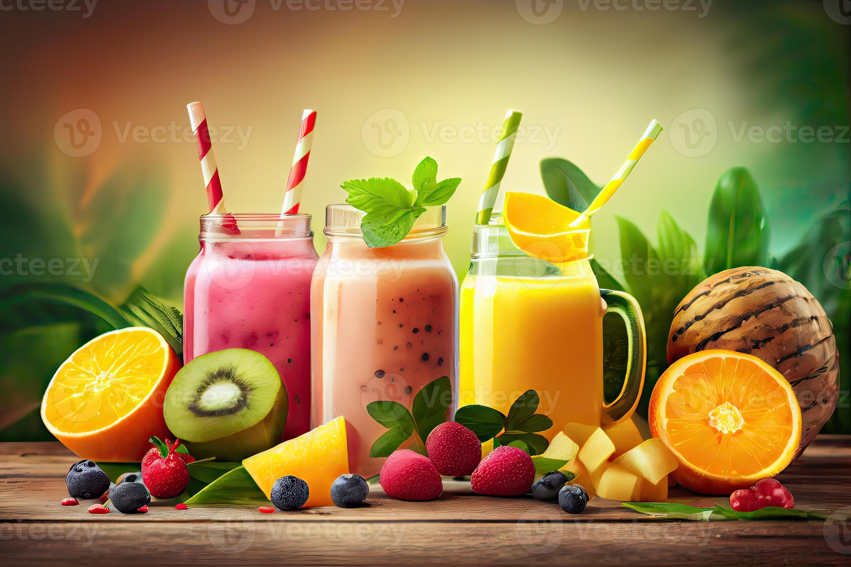 illustration of smoothies and juices made from a variety of fresh fruits from the tropics. Clean eating a healthy diet and vitamin infused beverages are concepts blurred background 22659120 Stock Phot...