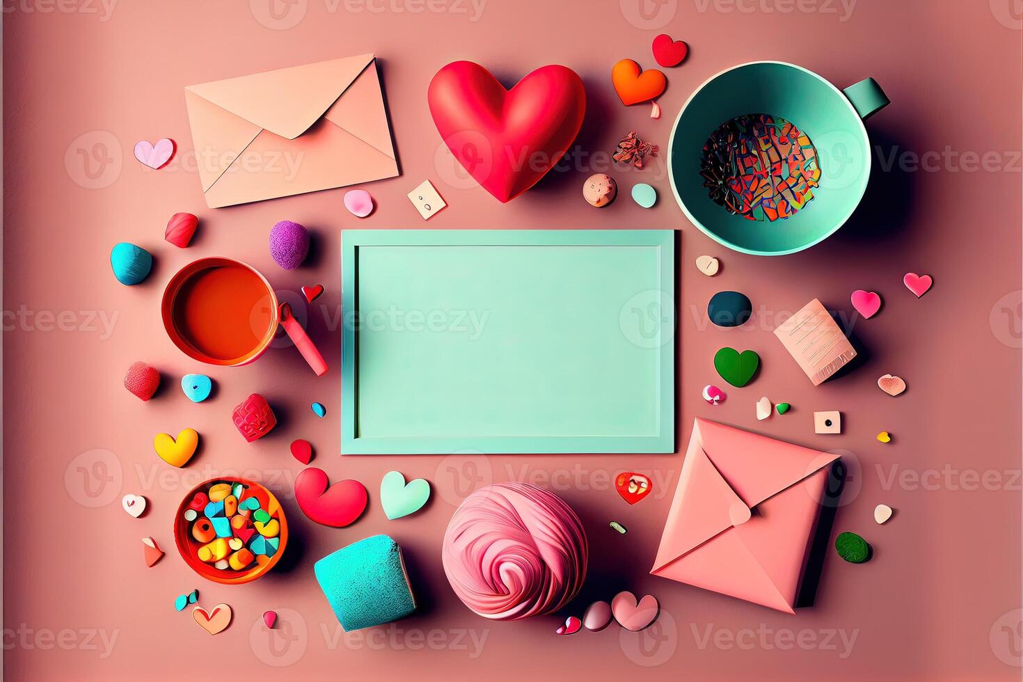 illustration of Valentine frame and banner. Red decoration. flat lay, romantic. Love and valentine day concept. Neural network generated art. Digitally generated image. photo