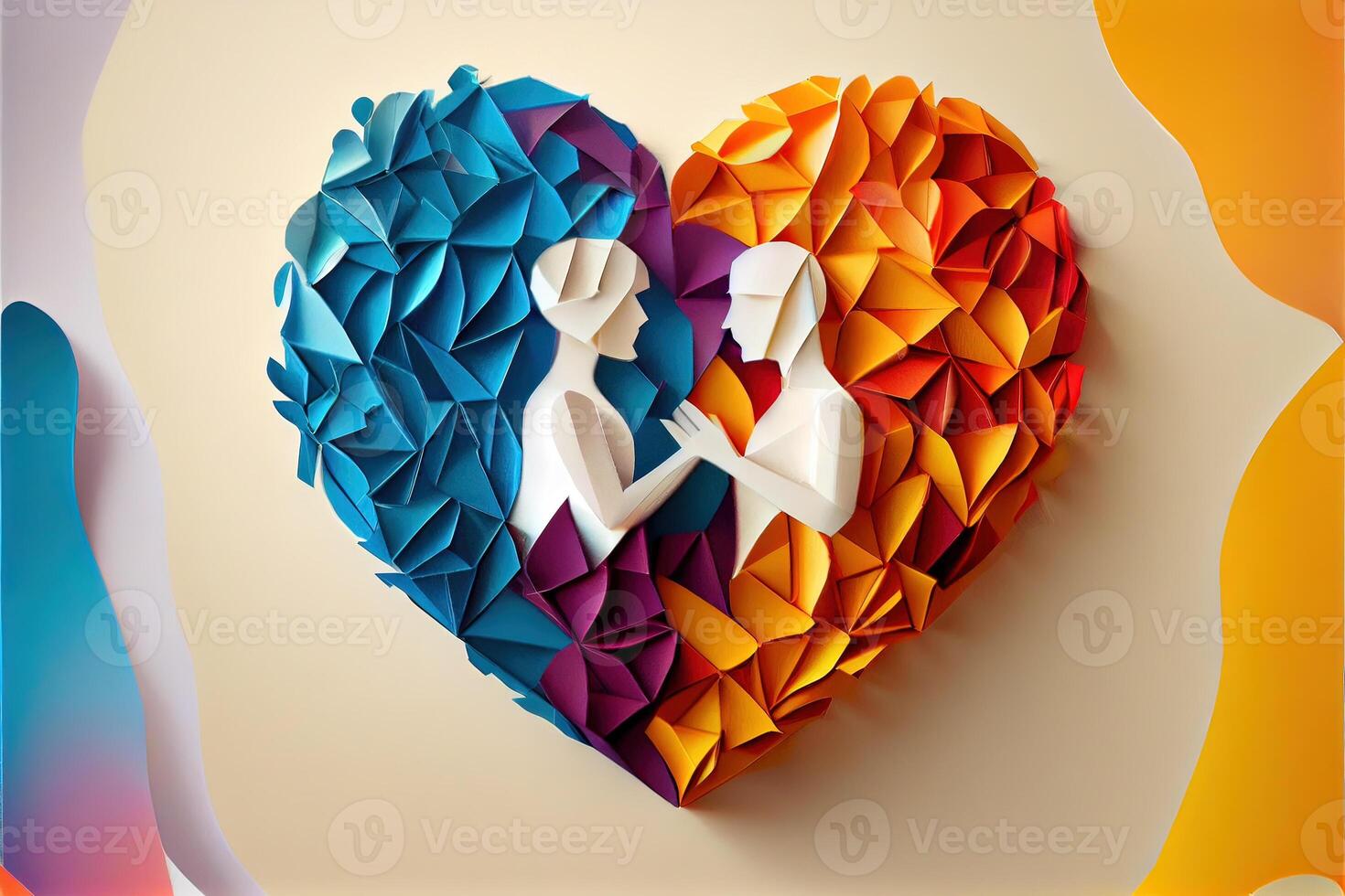 illustration of origami Valentine day background, happy couple, colorful. Paper cut craft, 3d paper style. Neural network generated art. Digitally generated image photo