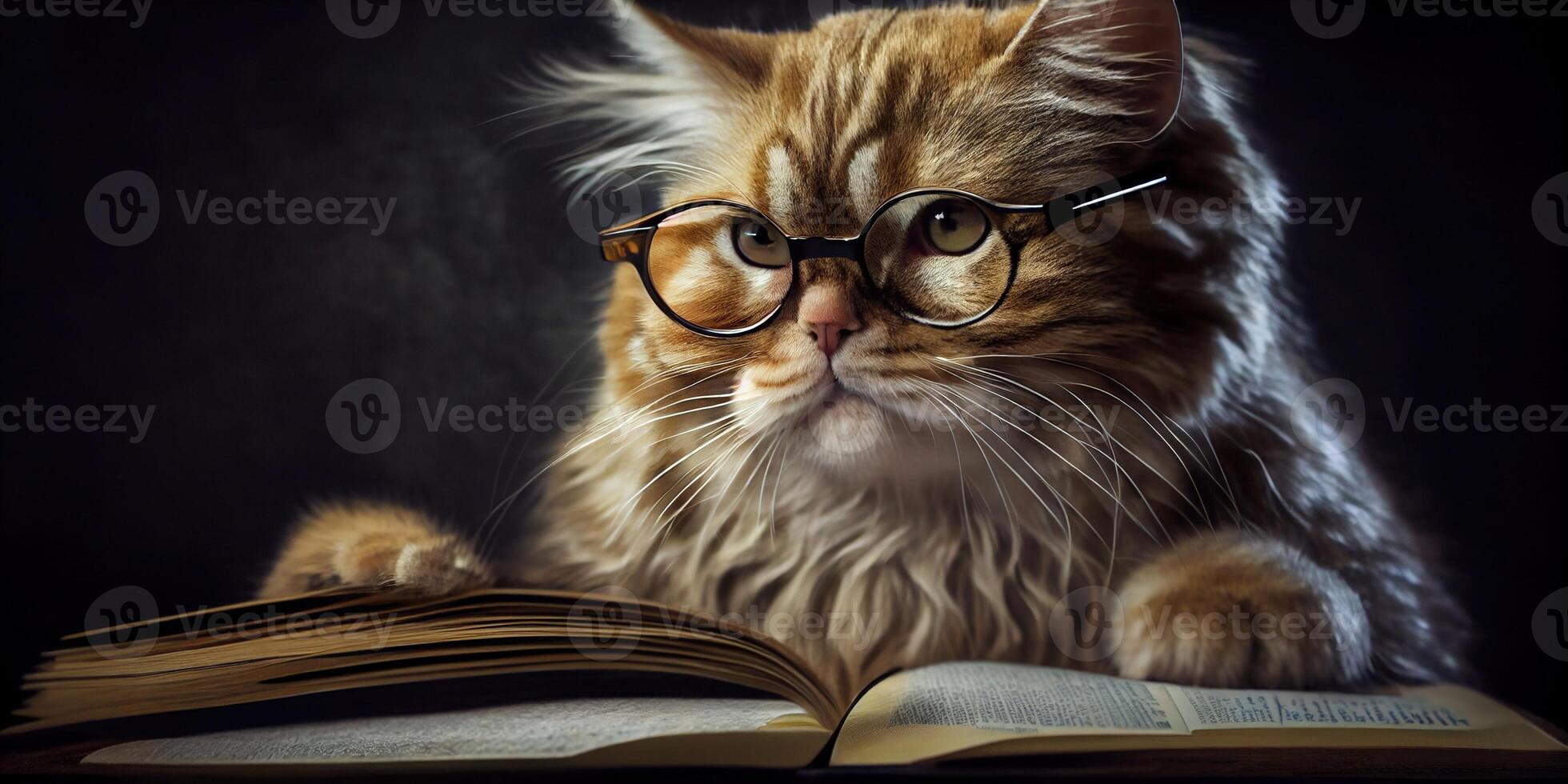 illustration of Intelligent serious cat in glasses reading a book, volumn light photo