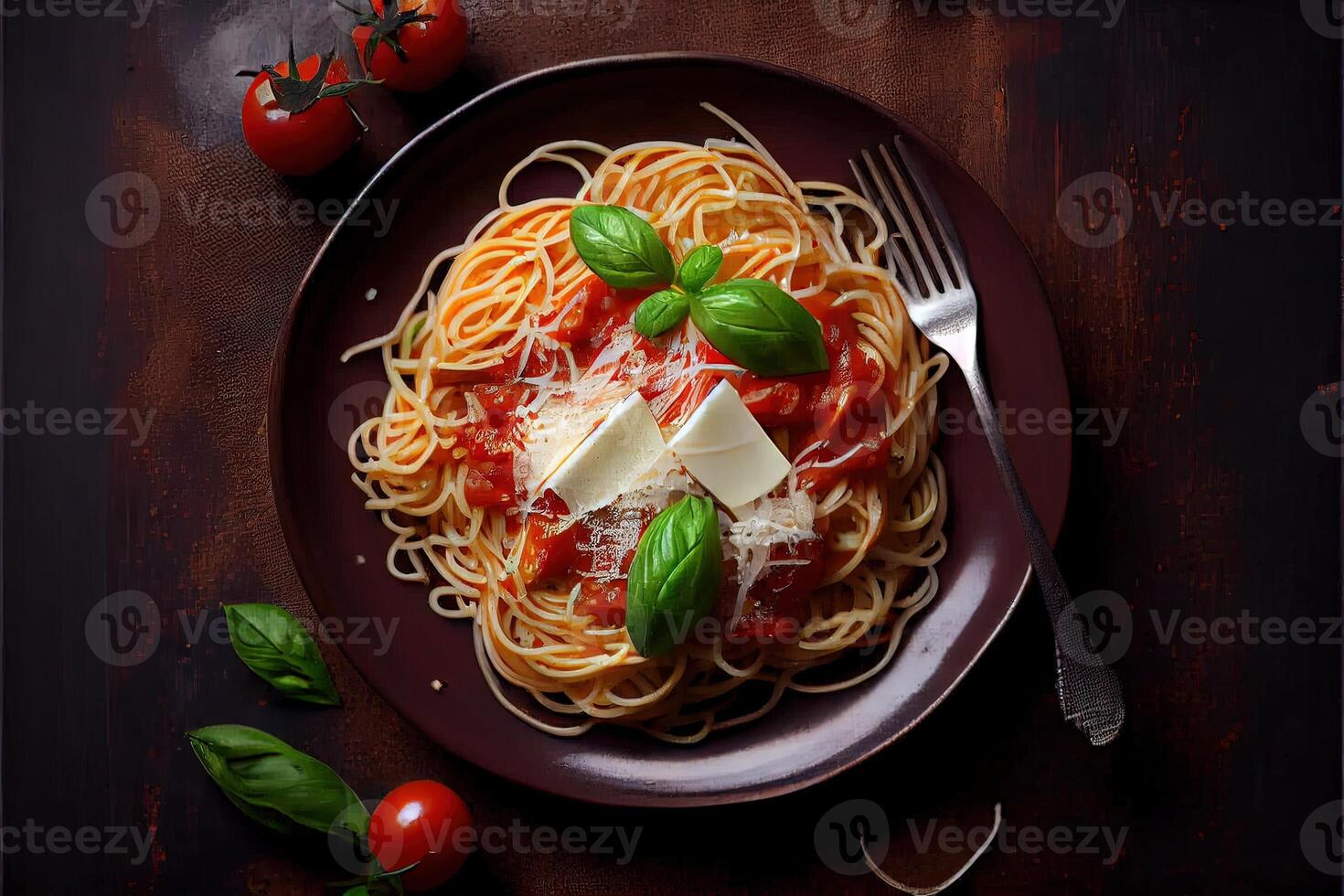 illustration of tasty appetizing classic italian spaghetti pasta with tomato sauce, cheese parmesan and basil on plate on dark table. View from above photo