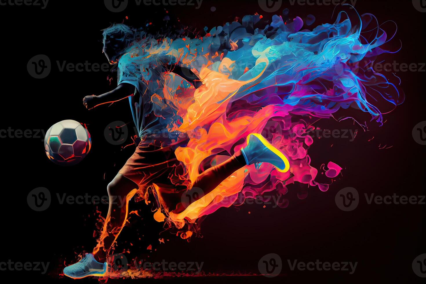 illustration of the essence of a soccer player in motion as they kick a ball with intense energy, surrounded by vibrant colors and splashes photo