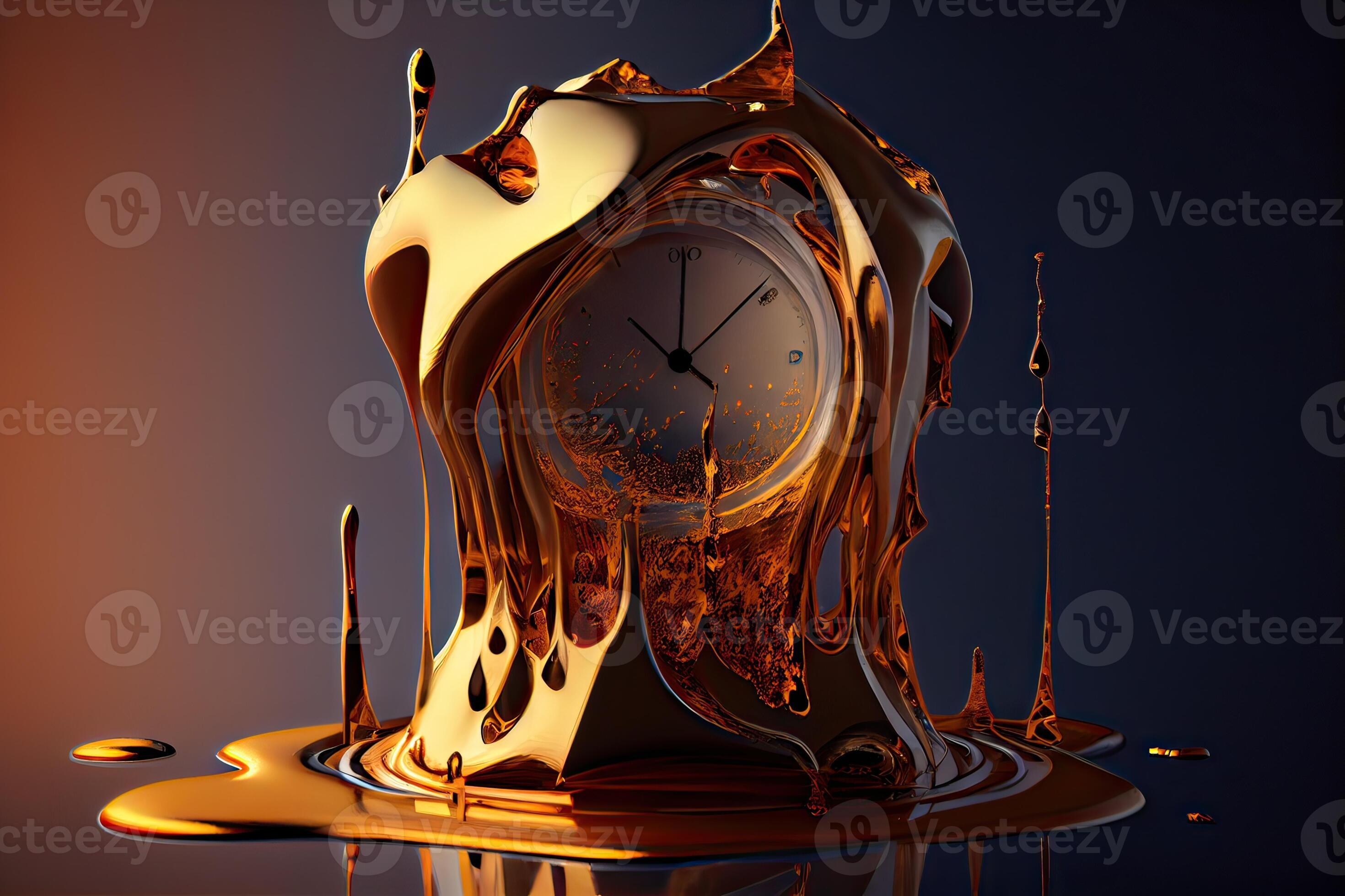 illustration of the illusion of time, a surreal clock made of golden