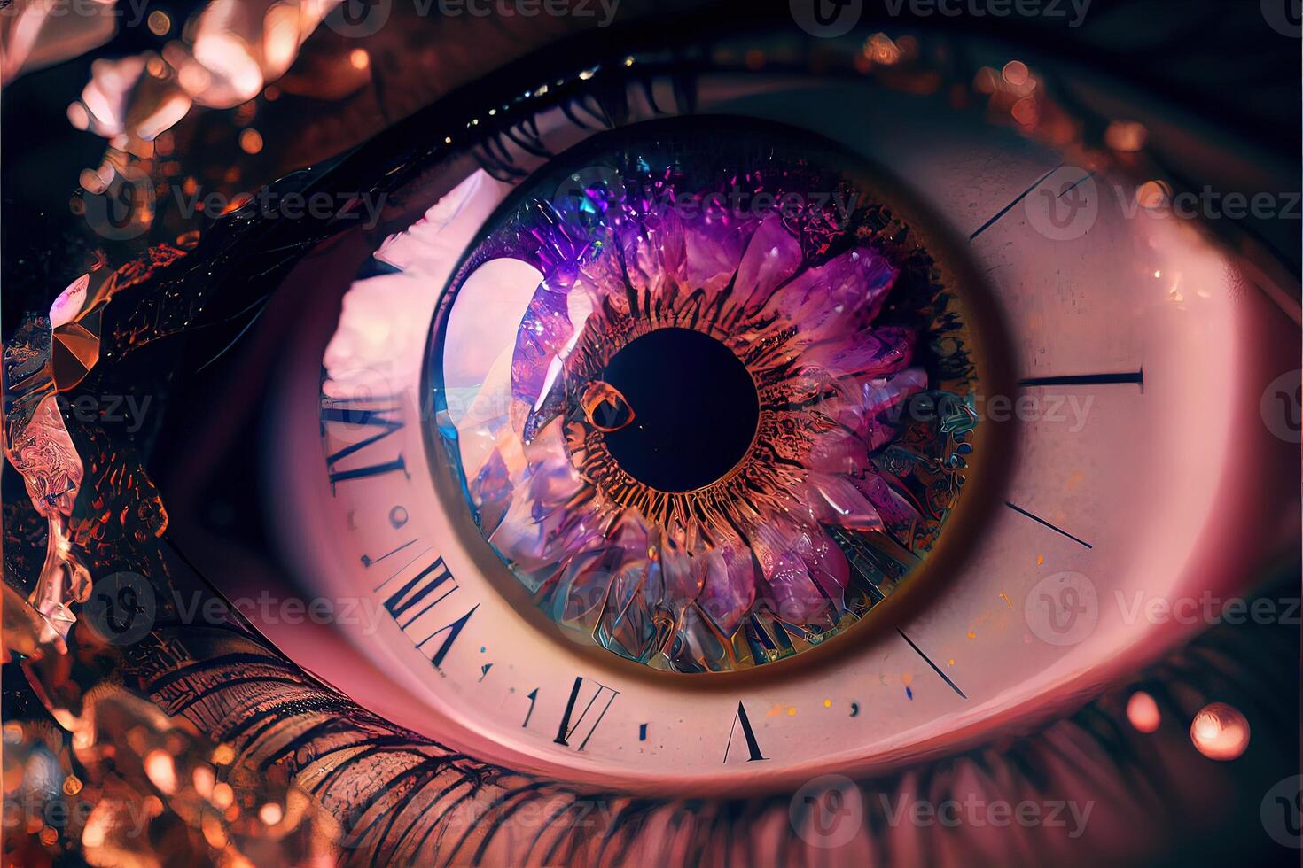 illustration of macro photography shot of realistic female eyes with pink Iris that looks like a Roman numeral analog clock, time in eyes, opalescence and shiny, shattered glass crystals photo