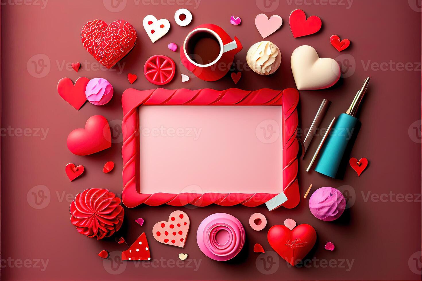 illustration of Valentine frame and banner. Red decoration. flat lay, romantic. Love and valentine day concept. Neural network generated art. Digitally generated image. photo