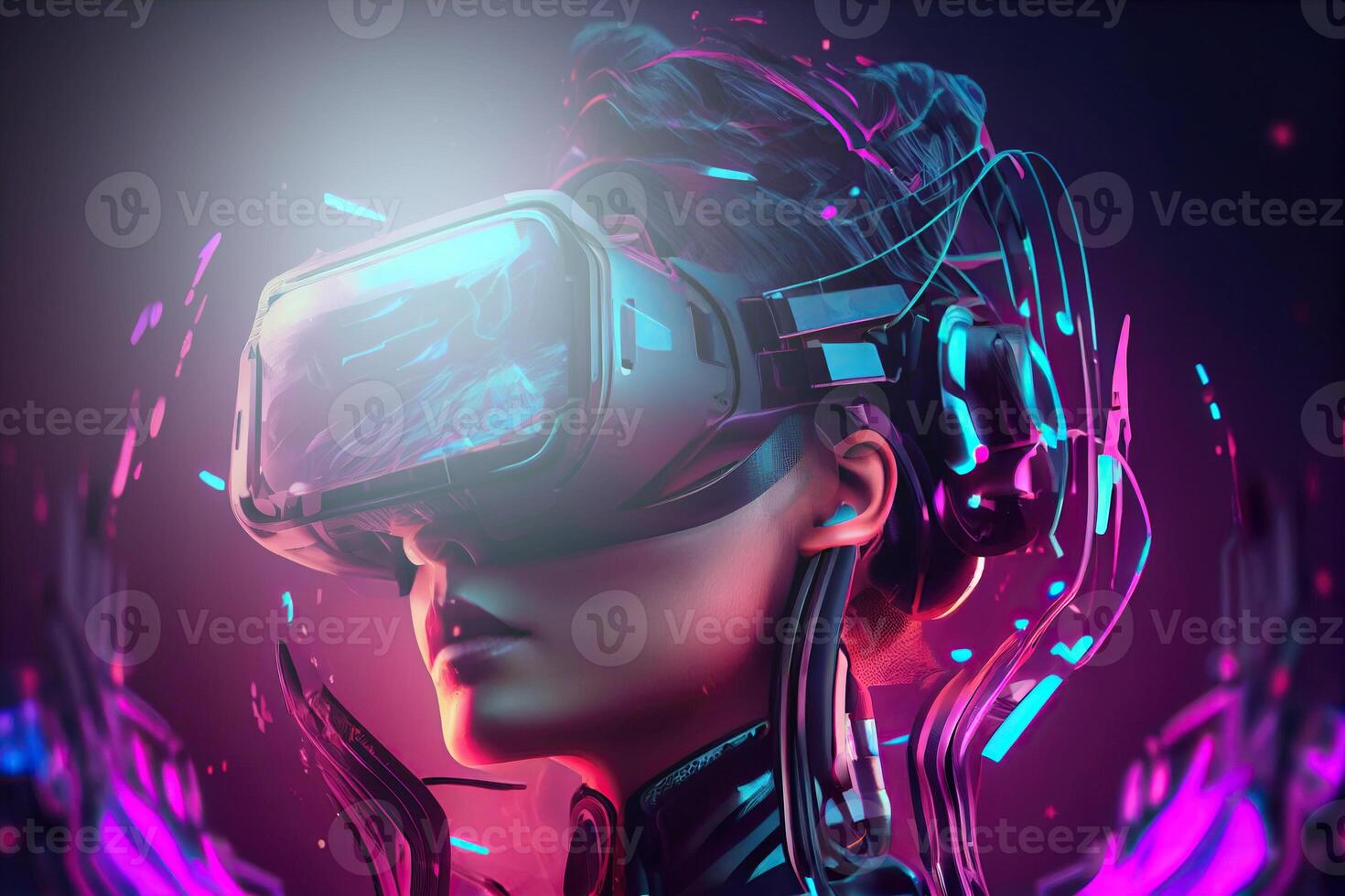 illustration of Metaverse concept and virtual world elements. Side view of human face in augmented or virtual reality headset inside the metaverse photo