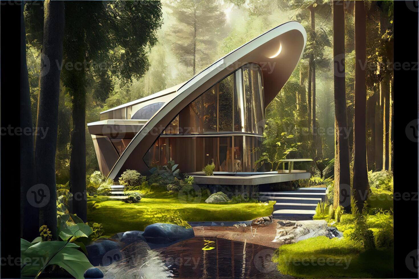 illustration of A prototype architectural design for a futuristic, eco-friendly home, with a sleek, modern design with a small stream running through the yard. photo