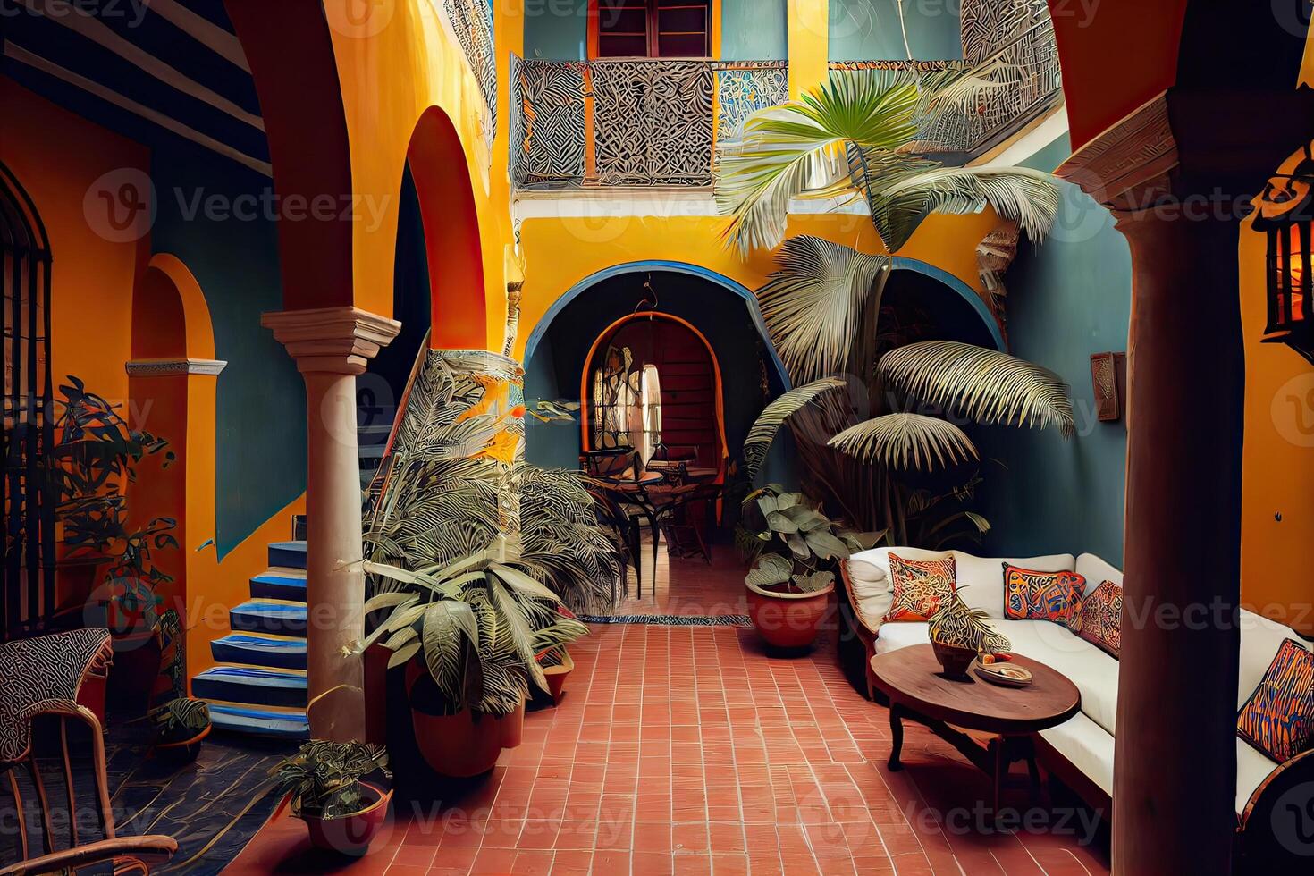 illustration of the beauty and richness of a traditional Mexican living room and patio, with bright colors on the walls, cacti, tropical leaves, lanterns, majestic arches, and stairs photo