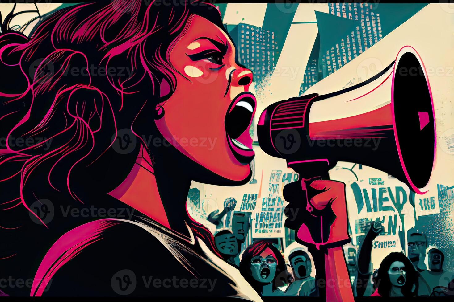 illustration of a freedom or women equality protest for global change, gender equality or black woman speaker fight for support, city speech or human rights rally by justice warrior photo