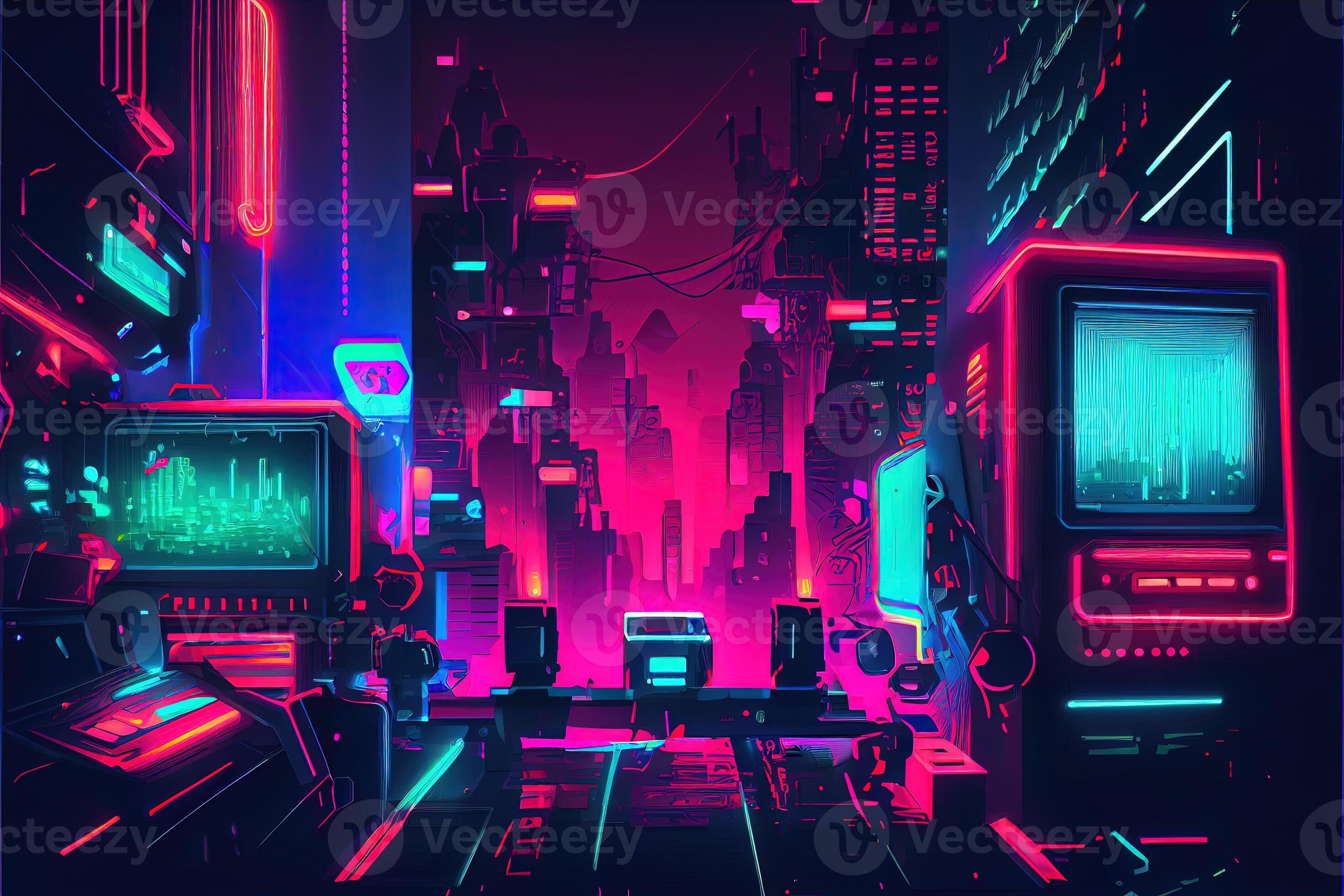 Generative AI illustration of gaming background, abstract cyberpunk style  of gamer wallpaper, neon glow light of scifi fluorescent sticks. Digitally  generated image 22694863 Stock Photo at Vecteezy