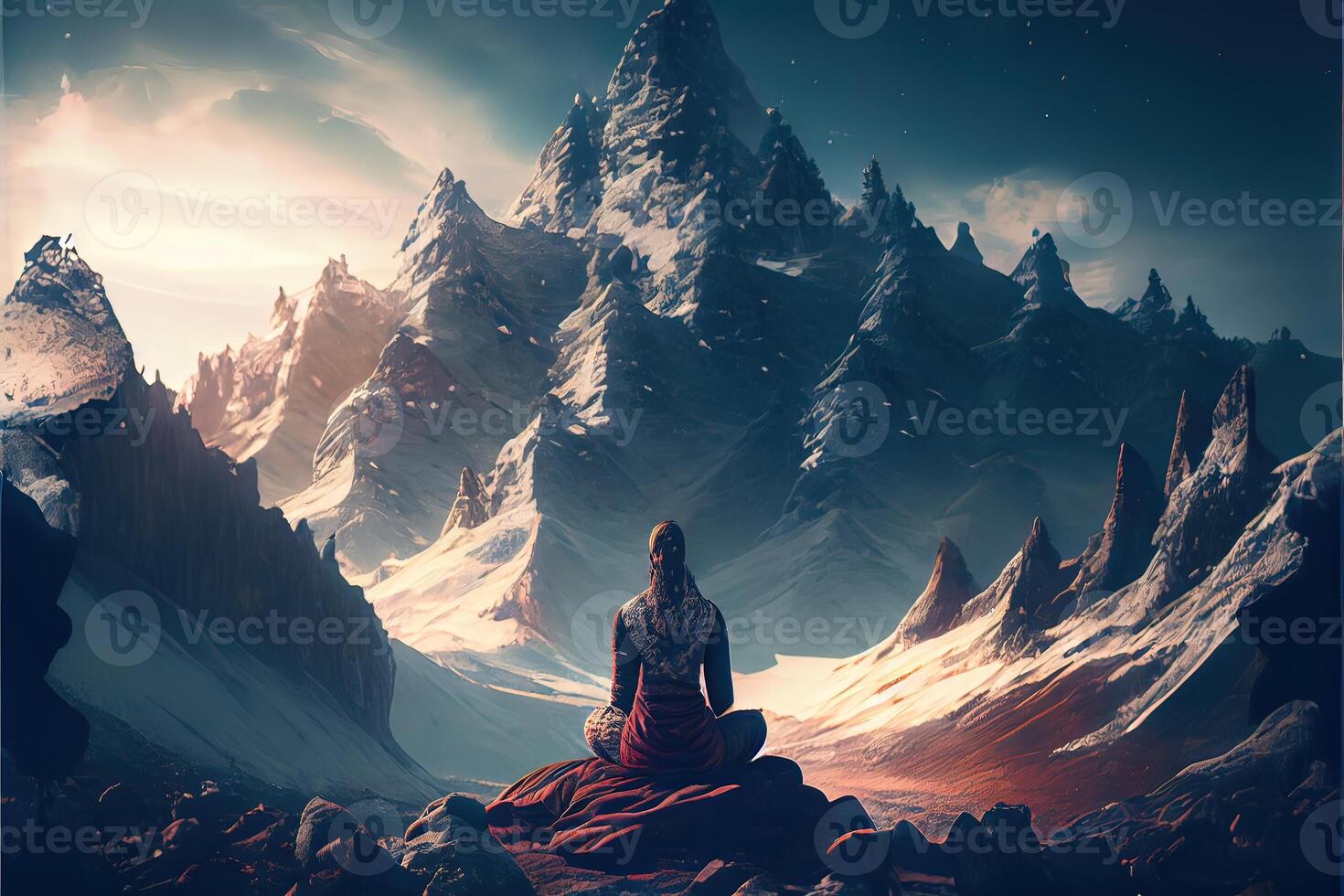 illustration of woman meditating in the mountains photo