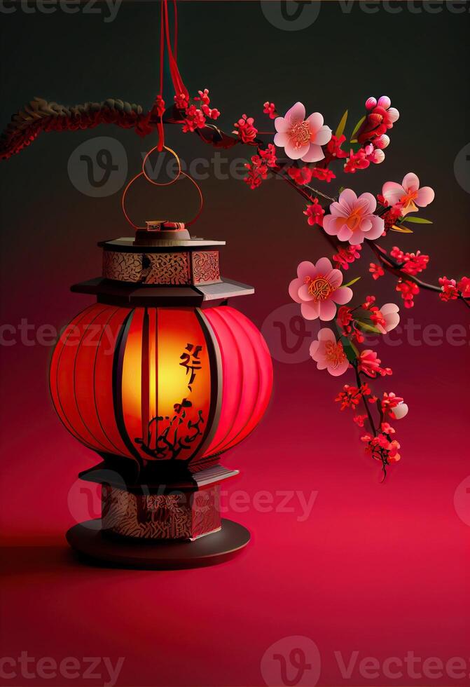 generativo ai ilustración de chino tradicional rojo festival antecedentes con un chino rojo ciruela florecer, linterna, primavera festival, nuevo año, chino tradicional cultura elemento foto