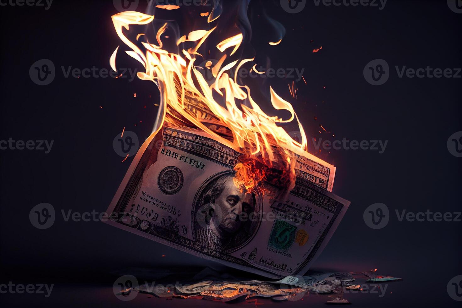 illustration of the metaphorical concept of loss and waste through the image of burning money photo