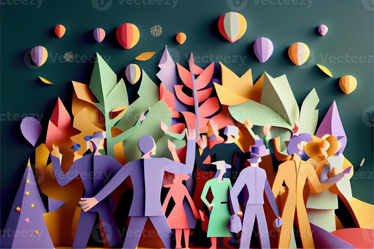 illustration of People in New Year's Eve party background, men and women celebrating holidays together, partying, cheering and dancing. Paper cut craft, 3d paper illustration style. photo