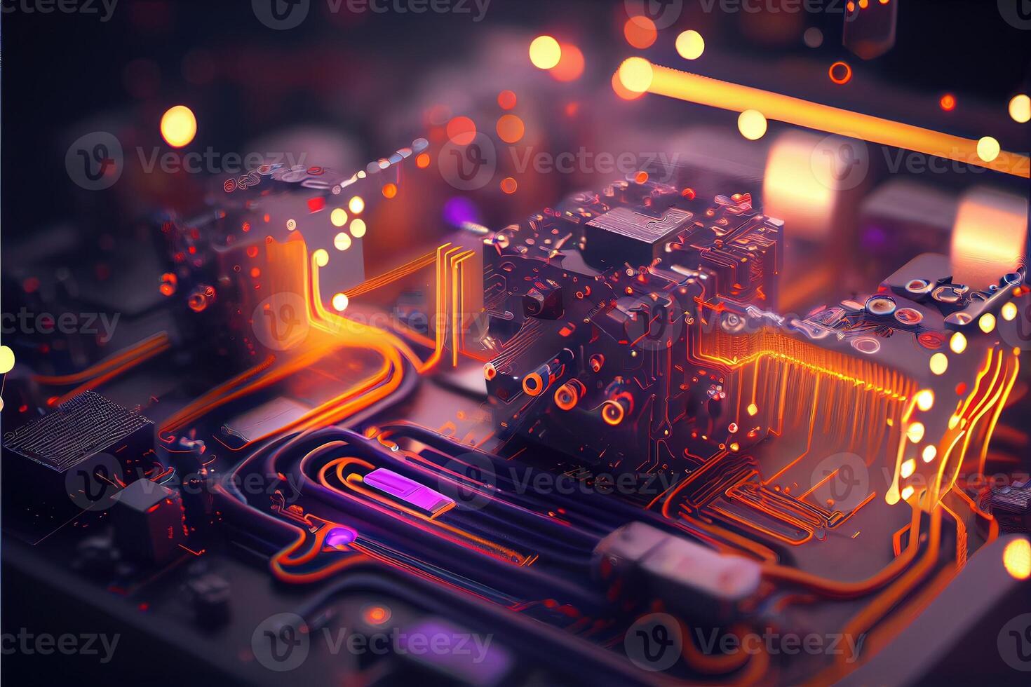 illustration of macro shot of circuit cyberspace board with computer motherboard component microchip with chip structure. Neural network generated art. photo