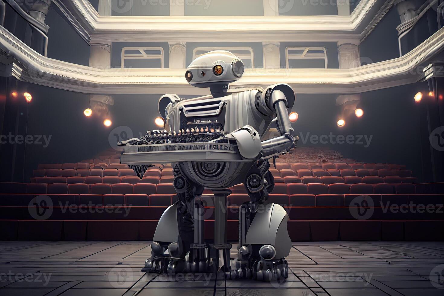 illustration of robot playing the piano in a grand concert hall photo