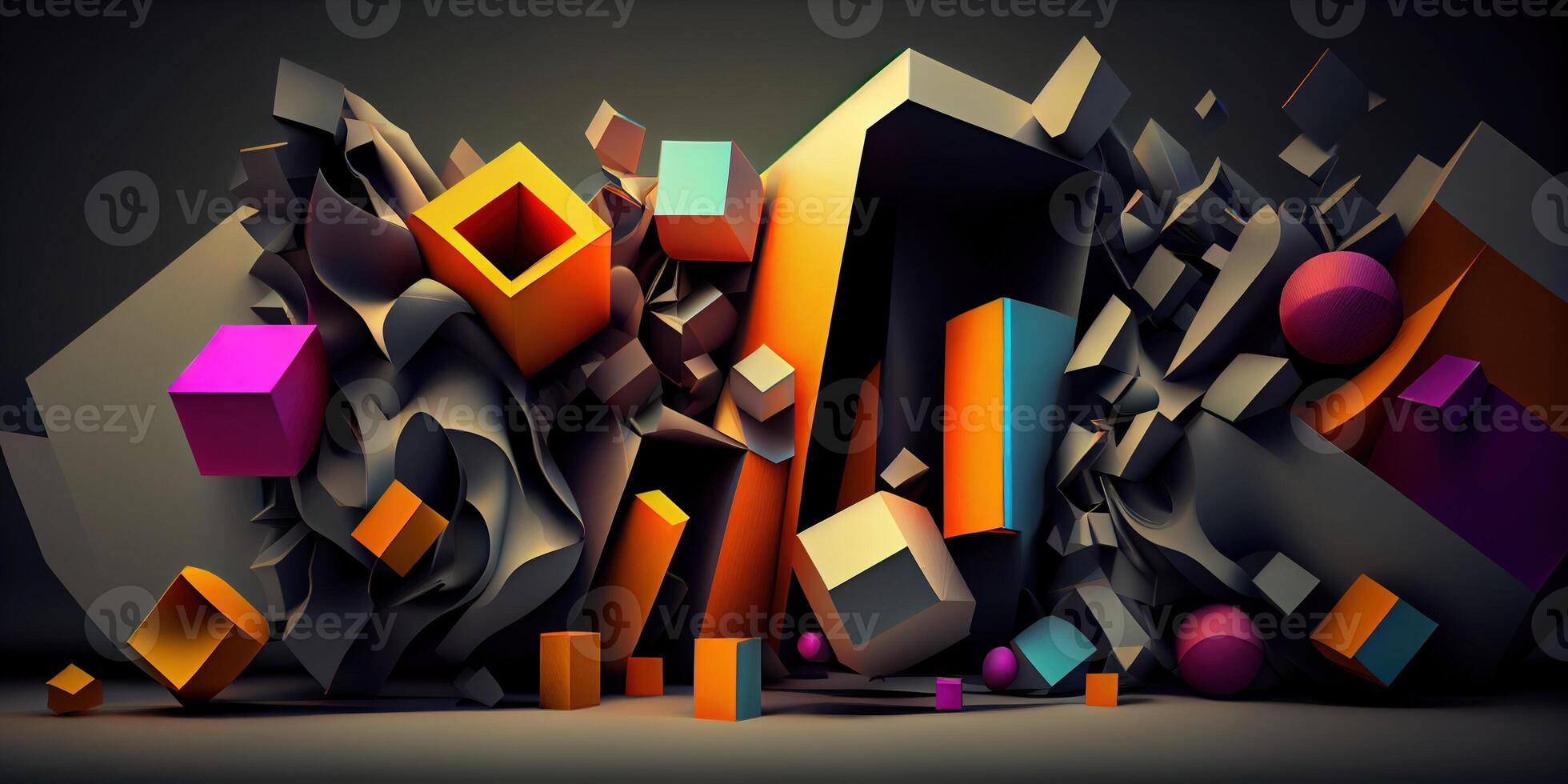 illustration of a futuristic abstraction, featuring a 3D background with dynamic shapes and colors photo