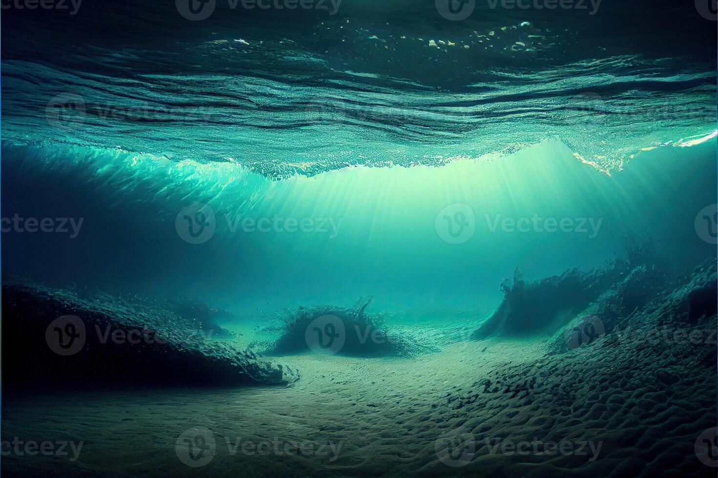 generativo ai ilustración de Oceano profundidad. submarino vacío paisaje, Oceano abajo, mar ola foto