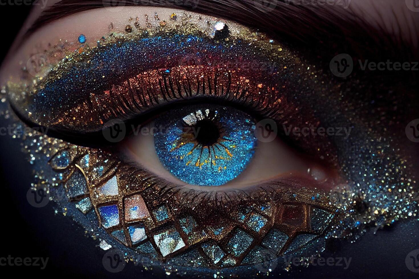 illustration of beautiful female eyes with carnival glass sparkly eyeshadow. Close focus. photo