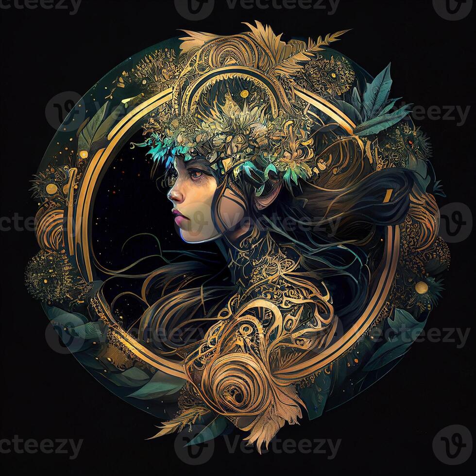 illustration of cyberpunk Zodiac sign with a forest growing on shoulders, galaxy, centered inside intricate gold circle of foliage photo